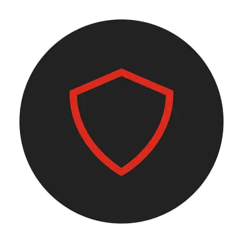 Red shield outline on a black circular background, representing security or protection.