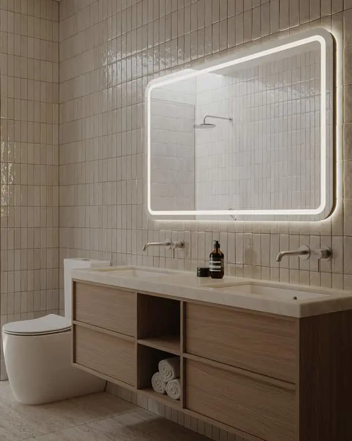 Modern bathroom with white tiled walls, illuminated mirror, wooden vanity with double sinks, and white toilet.