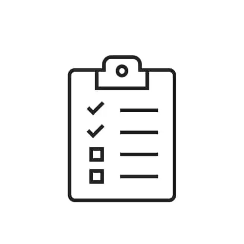 Simple black outline icon of a clipboard with a checklist showing two checked items and two unchecked boxes.