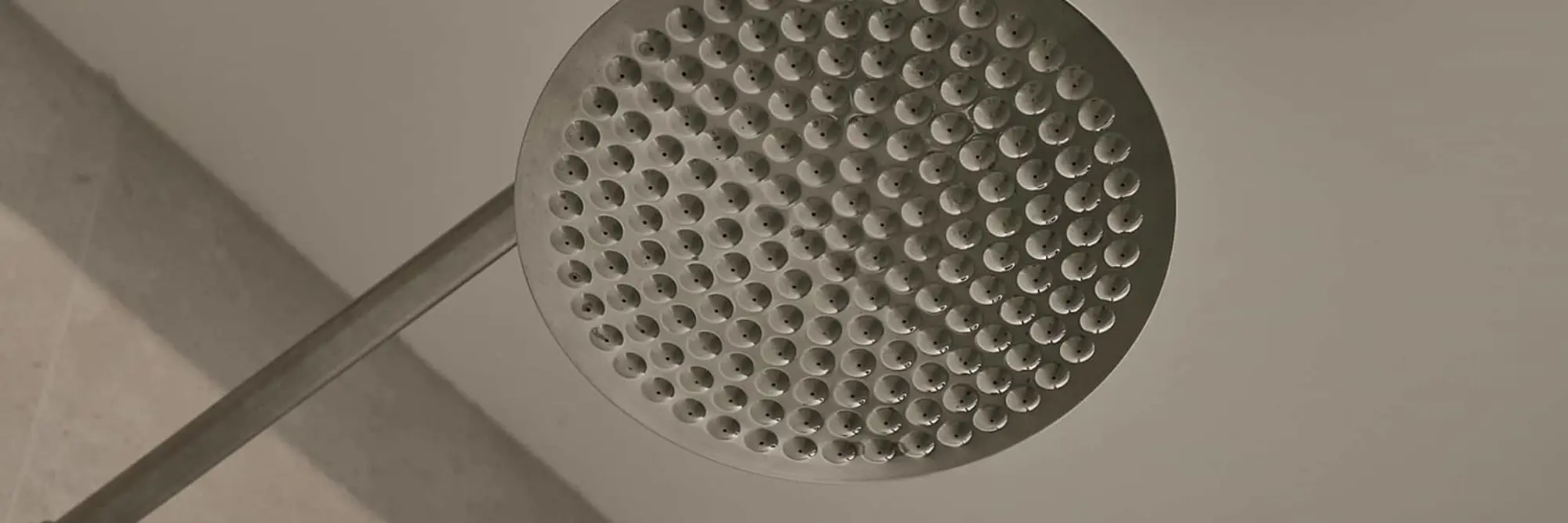 Close-up view of a circular brushed nickel showerhead, mounted on a ceiling in a bathroom.