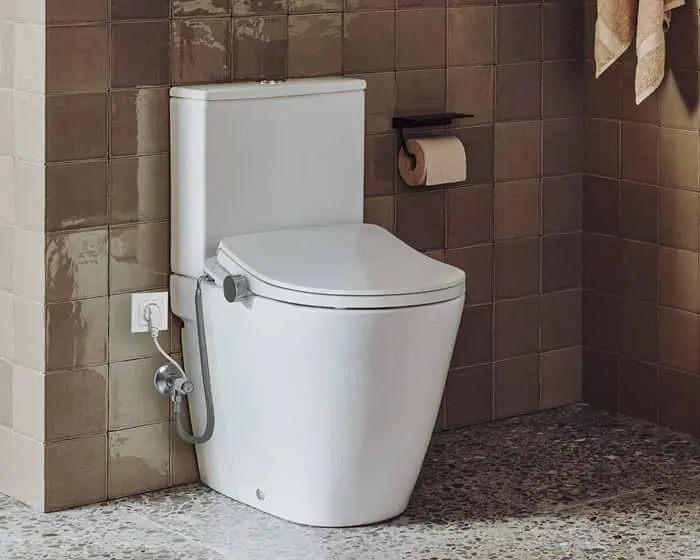 White toilet with bidet attachment against brown tiled bathroom wall with toilet paper holder mounted nearby.