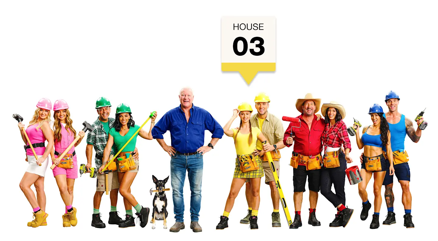 Group photo of The Block 2026 contestants, holding tools like hammers and drills, wearing hard hats. Text reads House 03 and points to the couple wearing yellow.