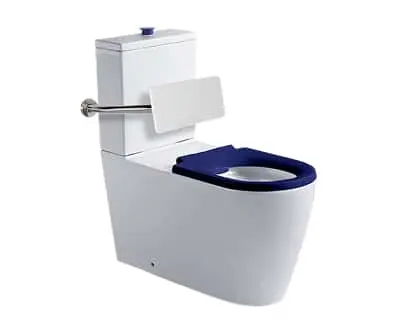 Wolfen accessible toilet with blue seat and backrest.