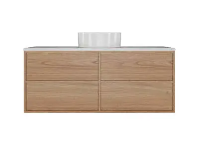 Kado Aspect bathroom vanity with white countertop and vessel sink, featuring four drawers with clean lines.