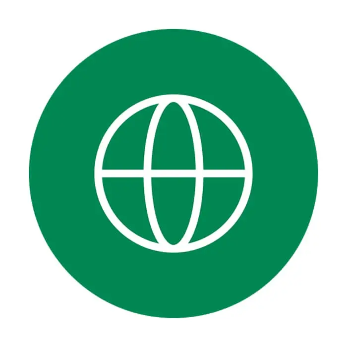White globe icon on a circular green background