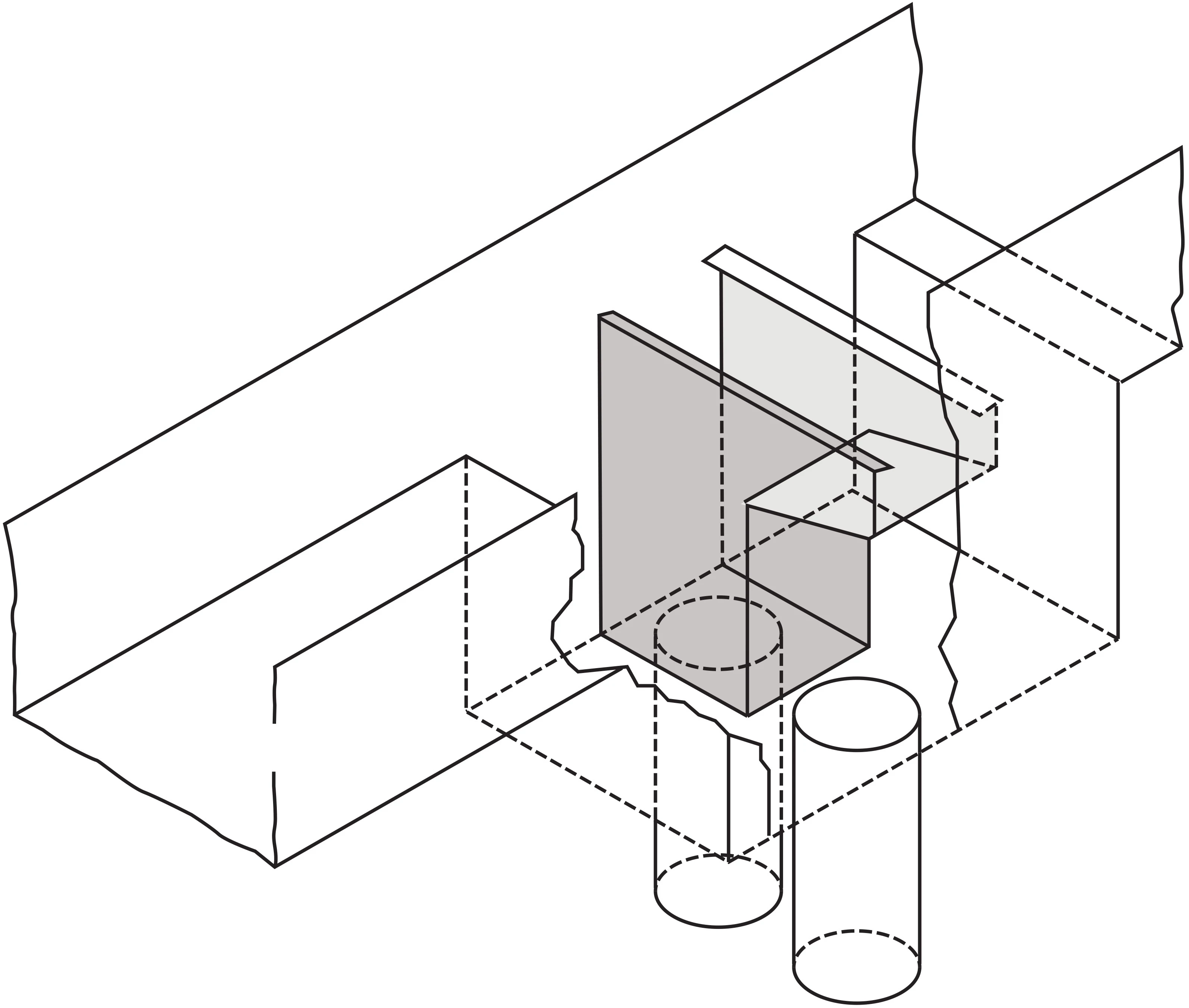 Isometric technical drawing showing architectural elements with gray panel, cylindrical supports, and outlined structural components.