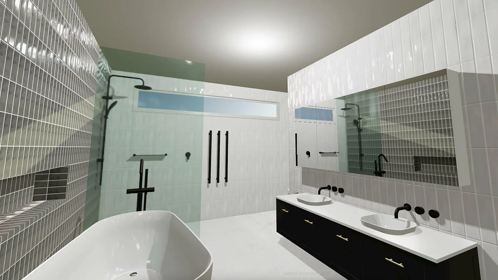 Modern bathroom with white tile walls, black vanity with dual sinks, freestanding tub, and black shower fixtures.