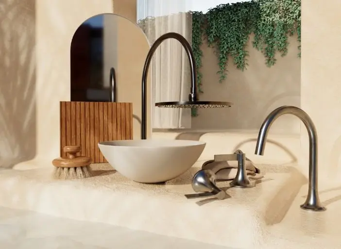 Modern bathroom with white vessel sink, curved faucet, rainfall shower head, wooden accessories, and hanging plants.