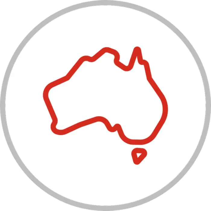 Red outline of Australia map inside a gray circle.