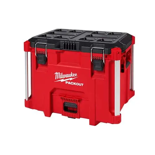 Red Milwaukee PACKOUT toolbox with black lid and latches, featuring side handles and stackable design.