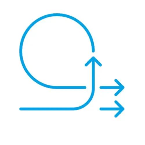Blue line icon showing a circular path with two arrows pointing right, suggesting flow or process direction.
