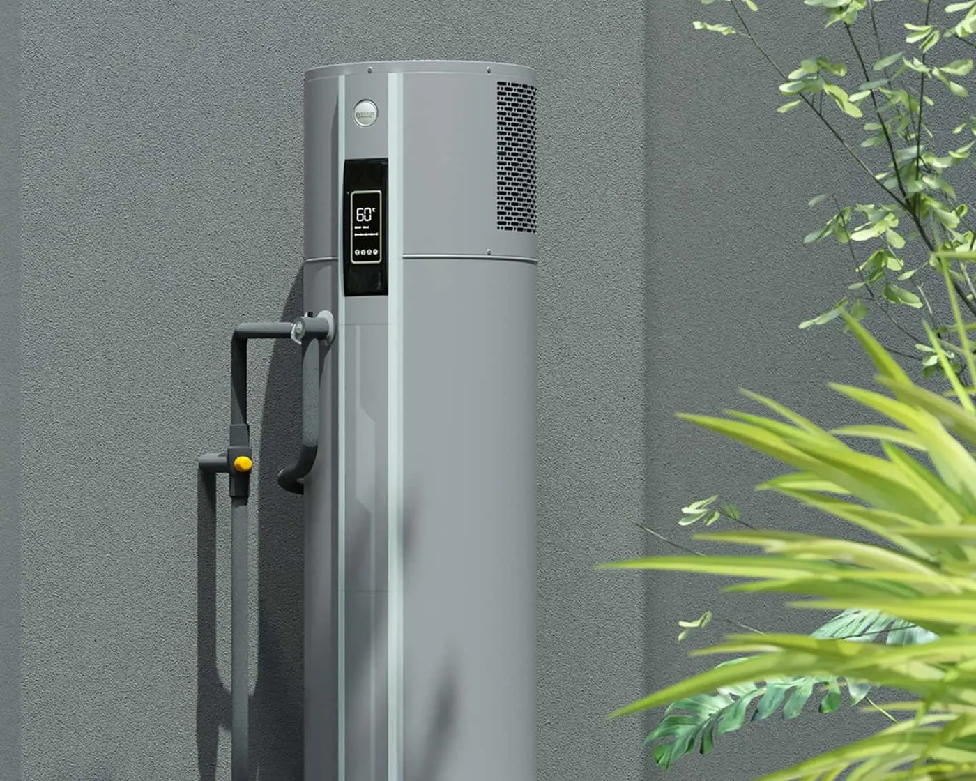 Modern water heater unit with digital display showing 60° mounted on gray wall, green plants visible to the right.