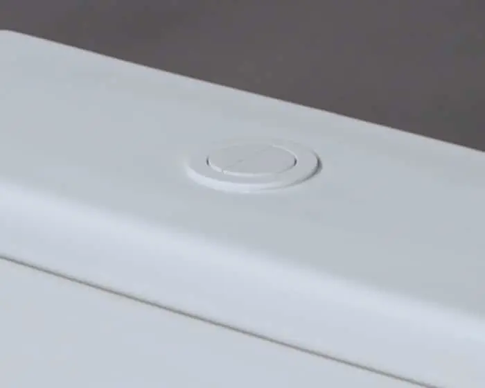 Close-up of a toilet with a circular flush button on its smooth surface.