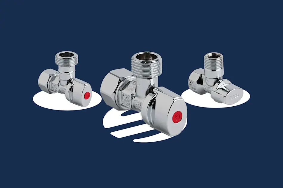 Three chrome plumbing valves with red indicators displayed on a dark blue background.