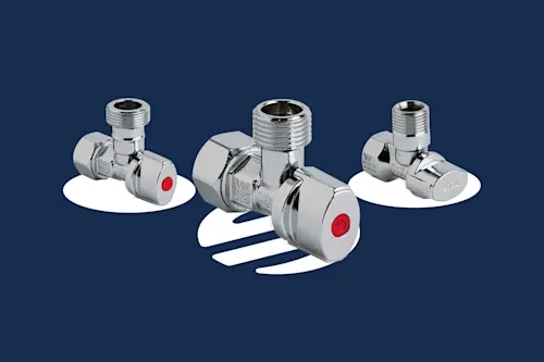 Three chrome plumbing valves with red indicators displayed on a dark blue background.