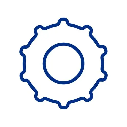 Blue outline of a gear or cog wheel with a circular center on a white background.