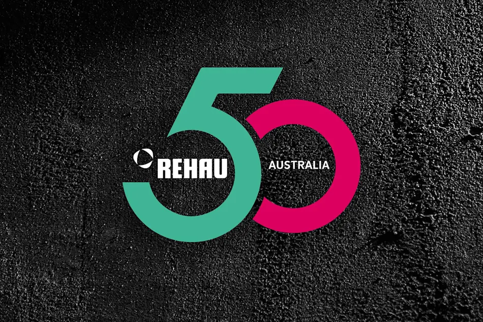 REHAU Australia 50th anniversary logo with teal and pink numbers on a textured black background.
