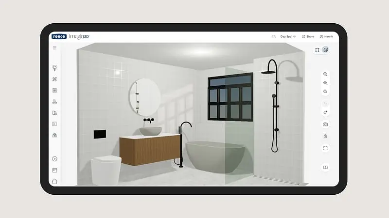 3D bathroom design software showing a modern bathroom with freestanding tub, wooden vanity, and black fixtures.