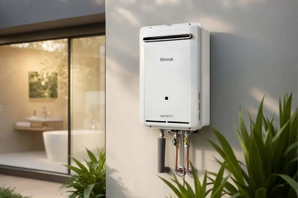 White Rinnai Infinity water heater mounted on exterior wall with bathroom visible through glass door in background.