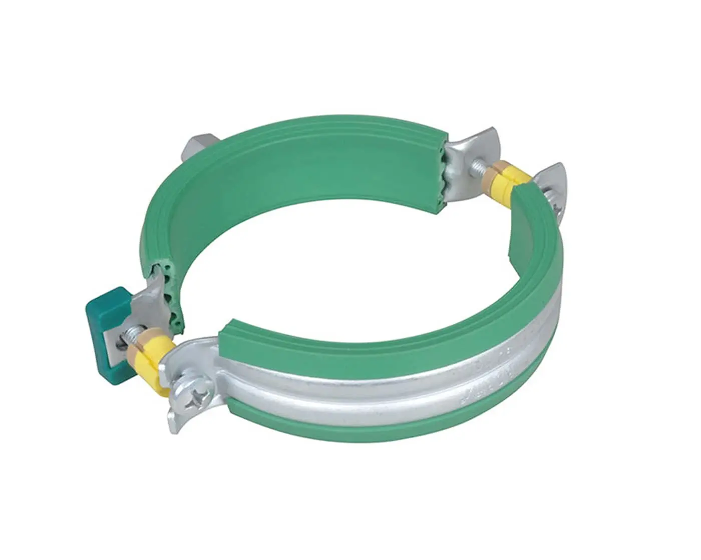 Green pipe clamp with rubber lining, metal band, and yellow fastening screws for securing plumbing pipes.