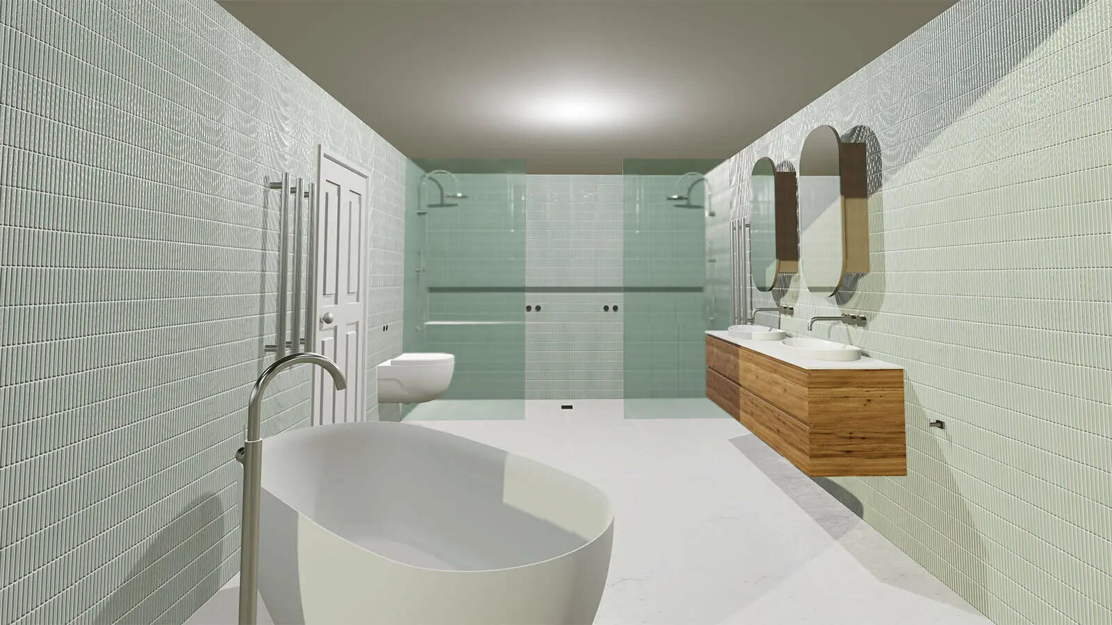 Modern bathroom with mint green tile walls, white freestanding tub, wooden vanity, and glass shower enclosure.