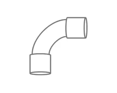 Simple gray line drawing of a curved pipe fitting with cylindrical connectors at both ends.