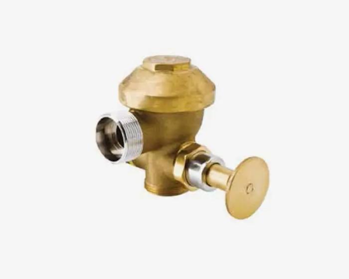 Brass plumbing valve with circular knob handle and threaded connection port against white background.