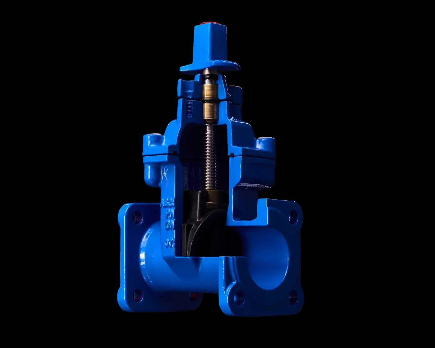 Cross-section of a blue industrial valve showing internal brass components and spring mechanism against black background.