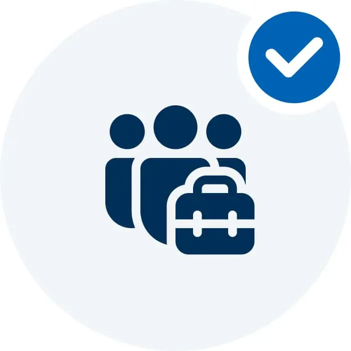 Blue icon showing three people silhouettes with a briefcase, accompanied by a checkmark in a blue circle.
