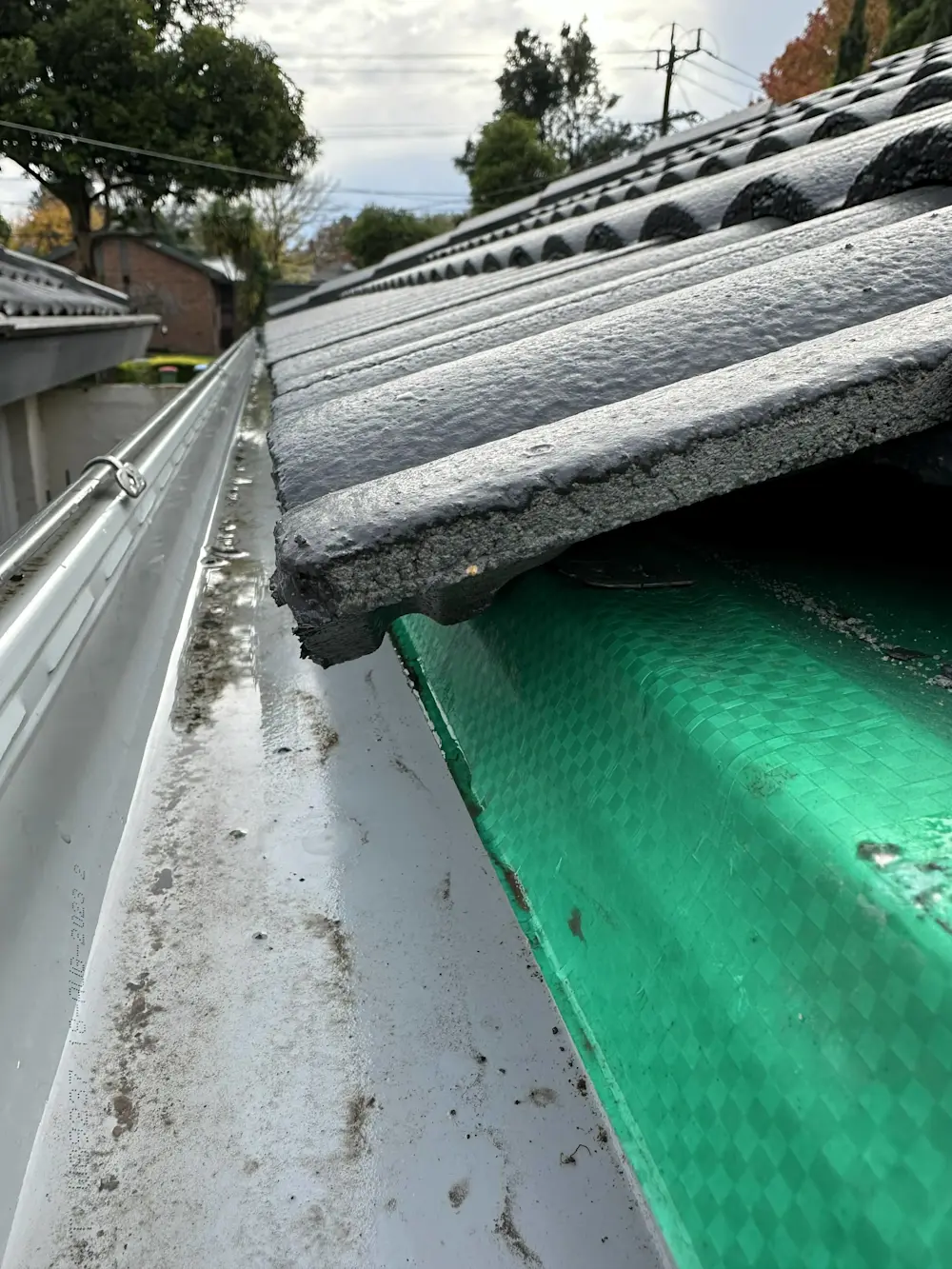 Close-up of a tiled roof edge with white rain gutter and green mesh guard underneath, trees visible in background.