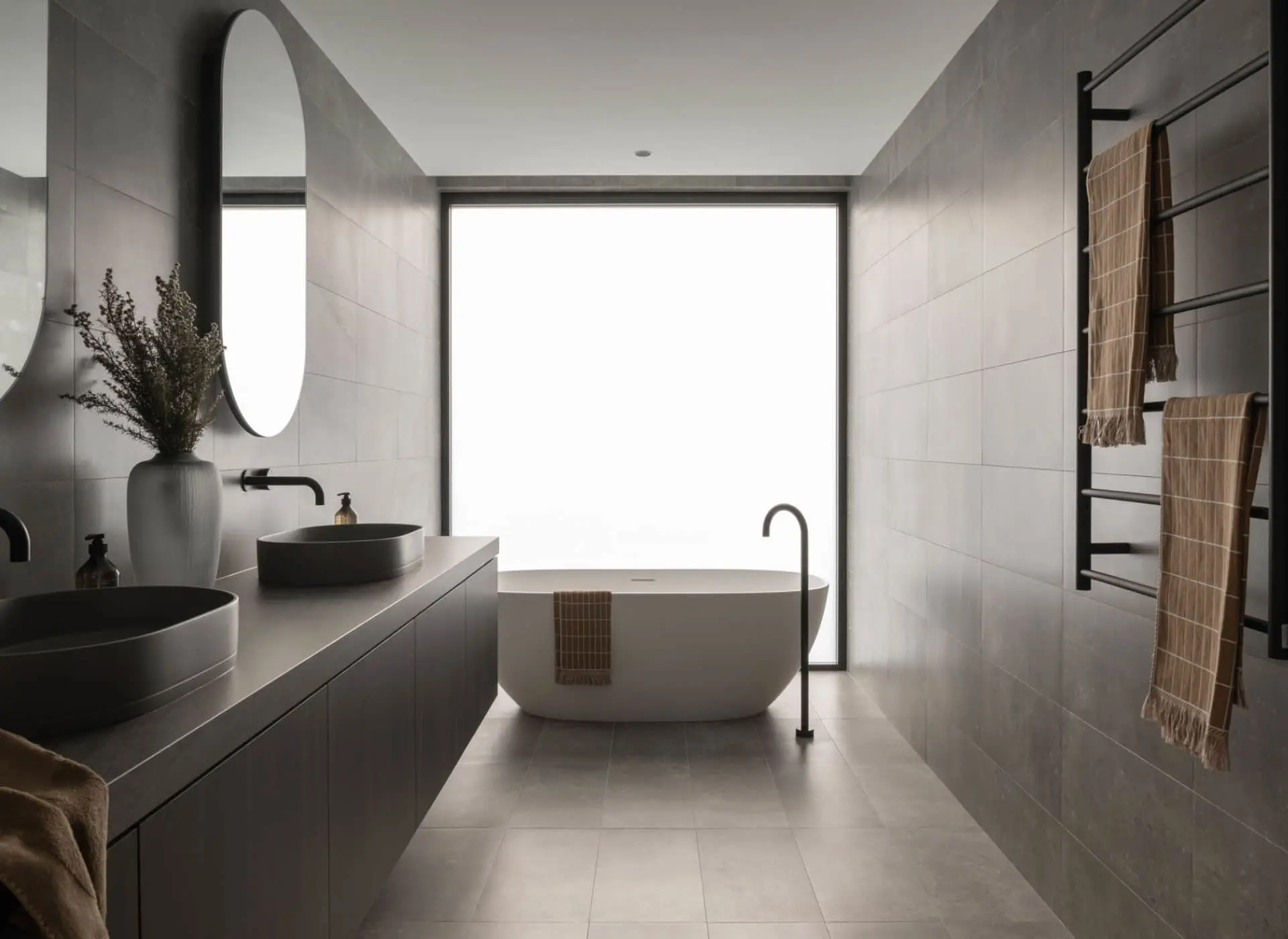 Modern gray bathroom with freestanding tub, double vanity, round mirror, and large window with tan towels on rack.