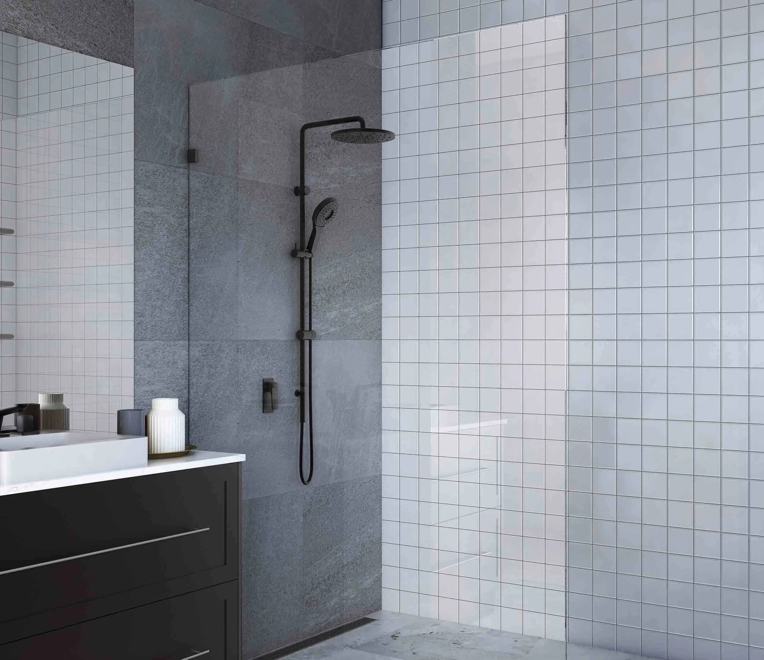 Modern bathroom with gray stone shower wall, black rainfall showerhead, white tile walls, and dark vanity cabinet.
