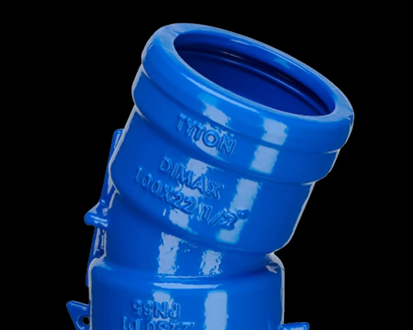 Blue plumbing pipe fitting with angled connection, showing embossed manufacturer text on glossy surface against black background.