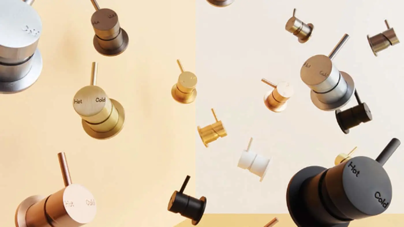 Various bathroom faucet knobs in gold, silver, and black finishes floating against beige and white backgrounds.