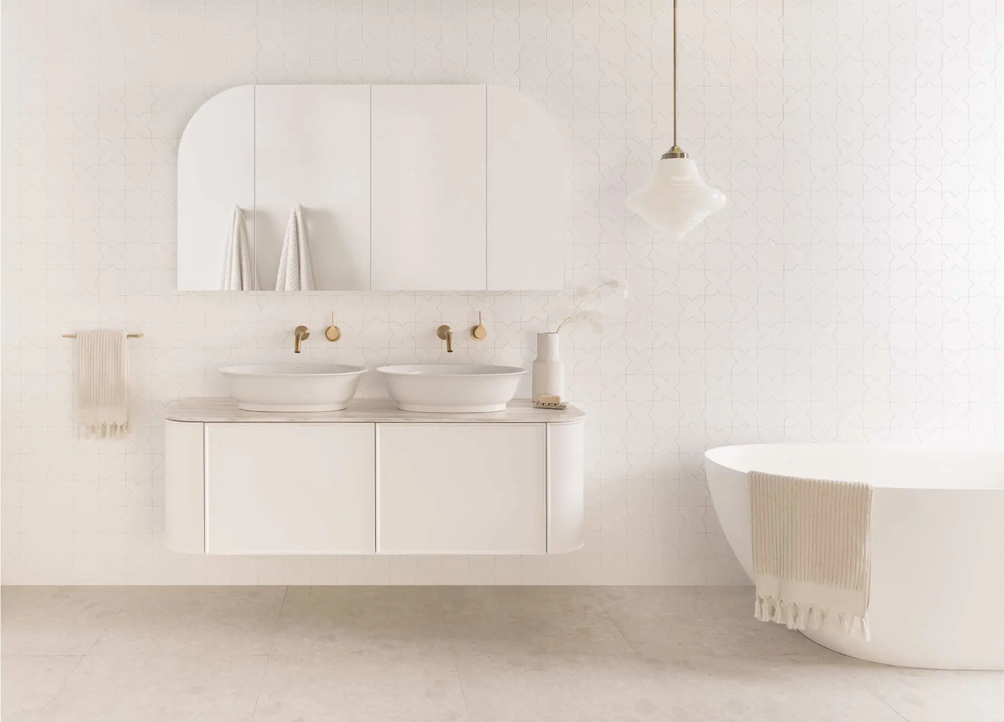Minimalist white bathroom with double vessel sinks, floating vanity, pendant light, and freestanding tub with cream towels.