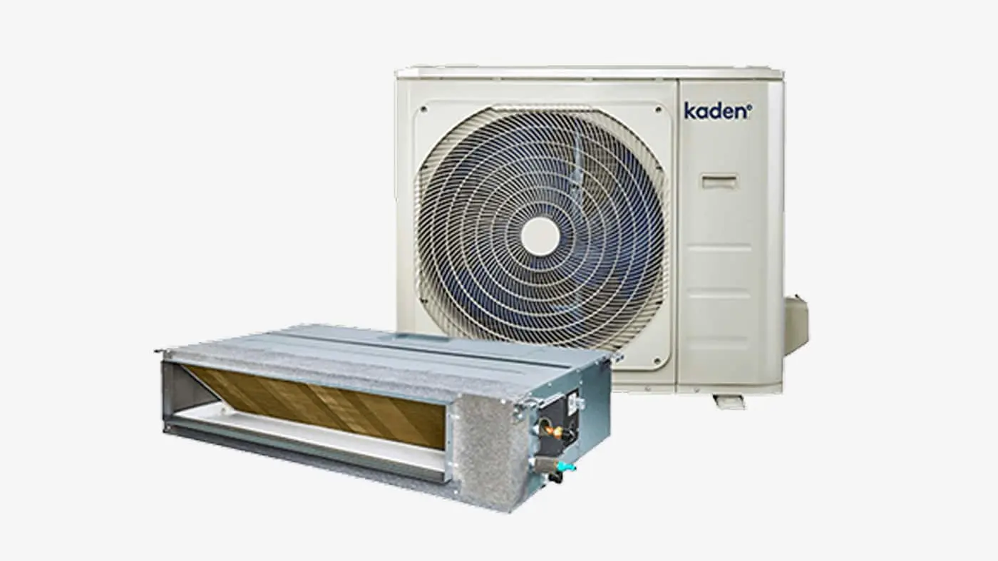 Kaden split air conditioning system with outdoor condenser unit and indoor ducted air handler on white background.