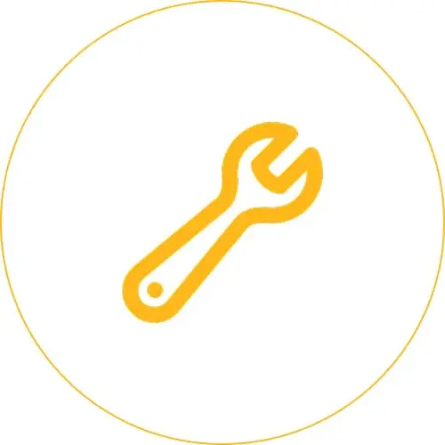 Yellow wrench icon in a circular outline on white background, representing tools or maintenance.