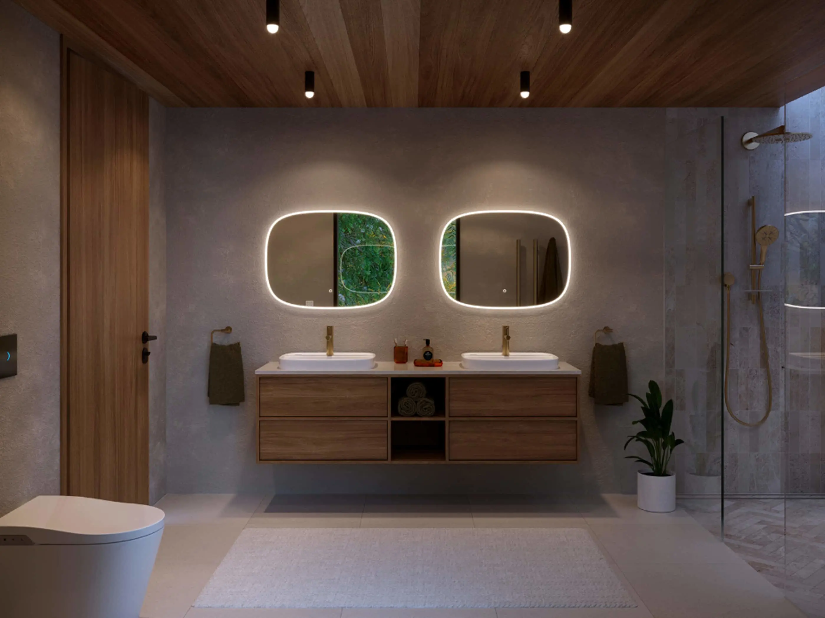 Modern bathroom with wooden ceiling, dual backlit mirrors, floating wooden vanity with two sinks, and glass shower enclosure.