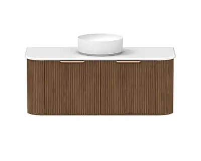Kado Neue vanity with white countertop, round vessel sink, and ribbed wooden cabinet base.