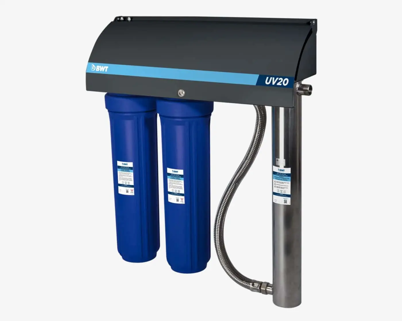 BWT UV20 water filtration system with black top unit, blue filter canisters, and metal connecting pipe.