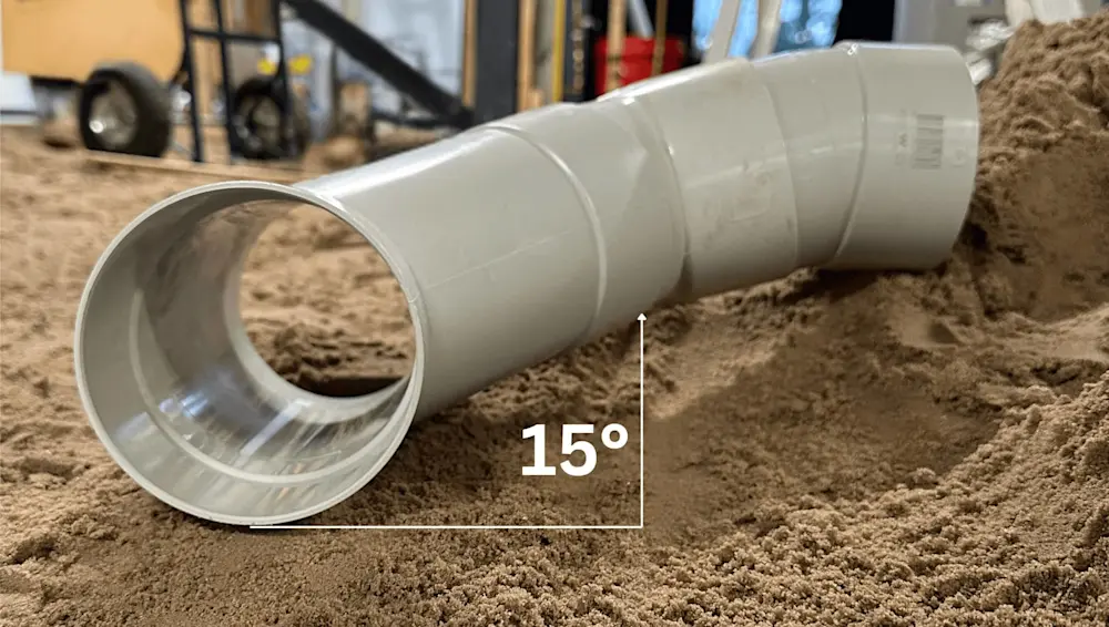 White PVC pipe with 15-degree angle bend partially buried in sand at a construction site.