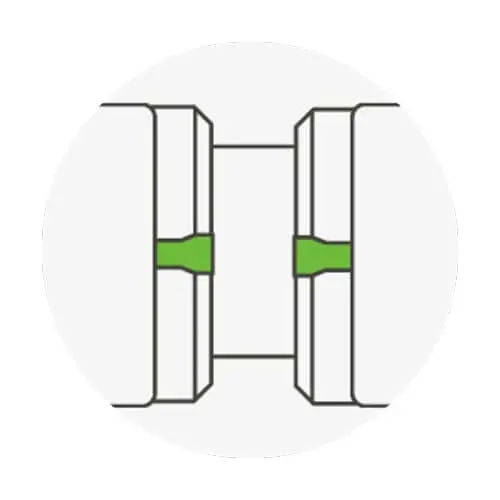 Simple line drawing of two cylindrical components with green sections in the middle, connected side by side.