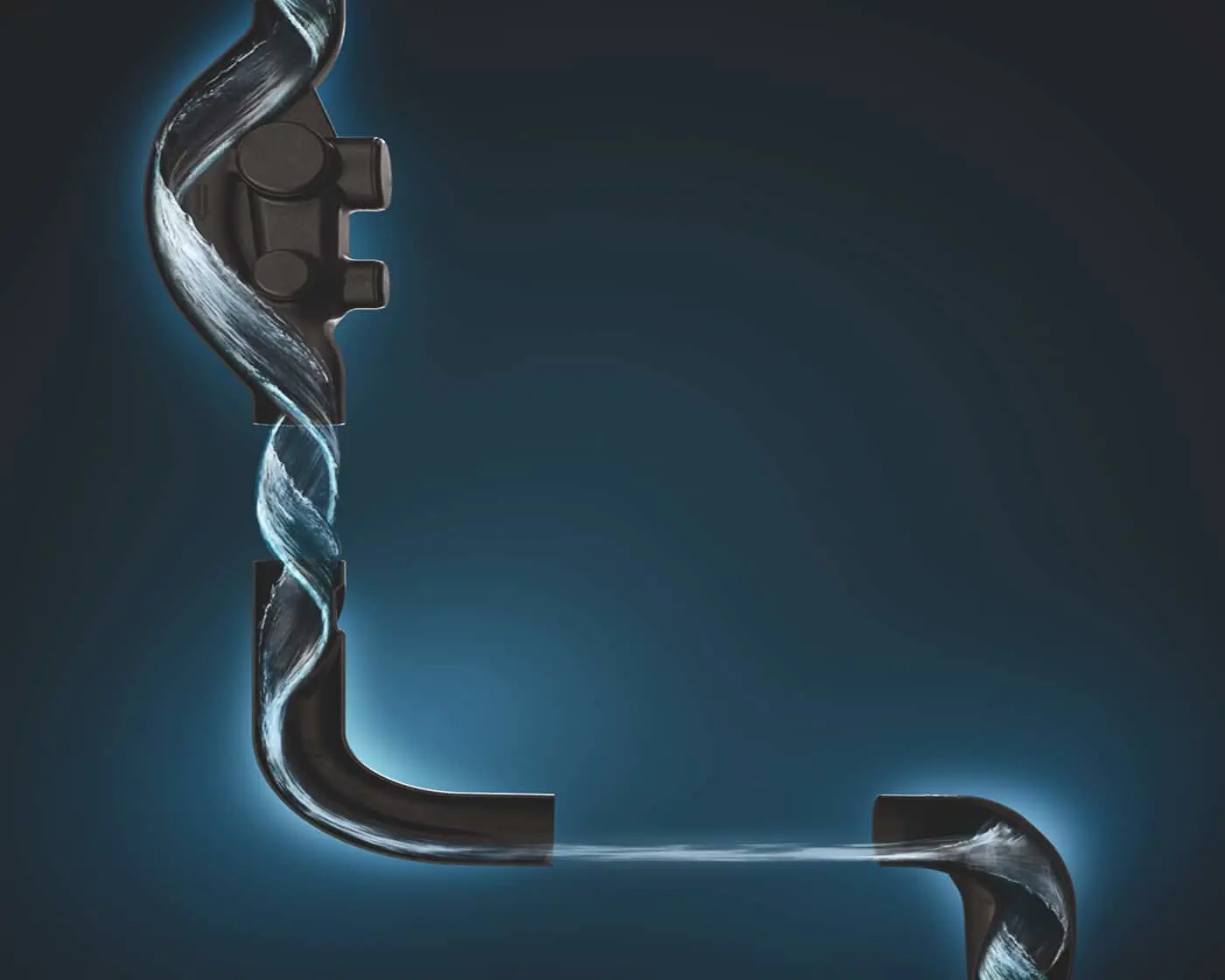 Black pipe with water flowing, glowing blue against dark background.