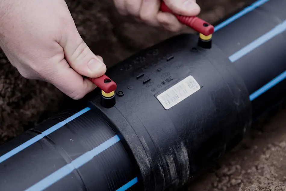 Hands connecting black water pipes with red coupling tools, showing pipe junction with blue stripe markings on soil.