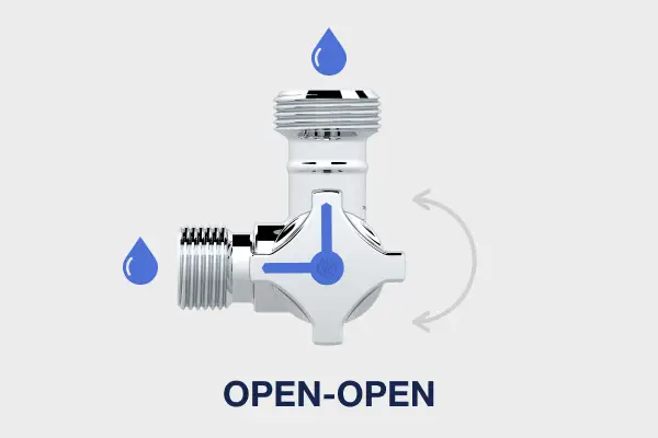 Silver water valve with blue droplet icons, showing rotation direction with an arrow.