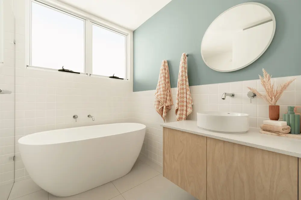 Modern bathroom with white freestanding tub, wooden vanity, round mirror, and mint green walls with peach accents.