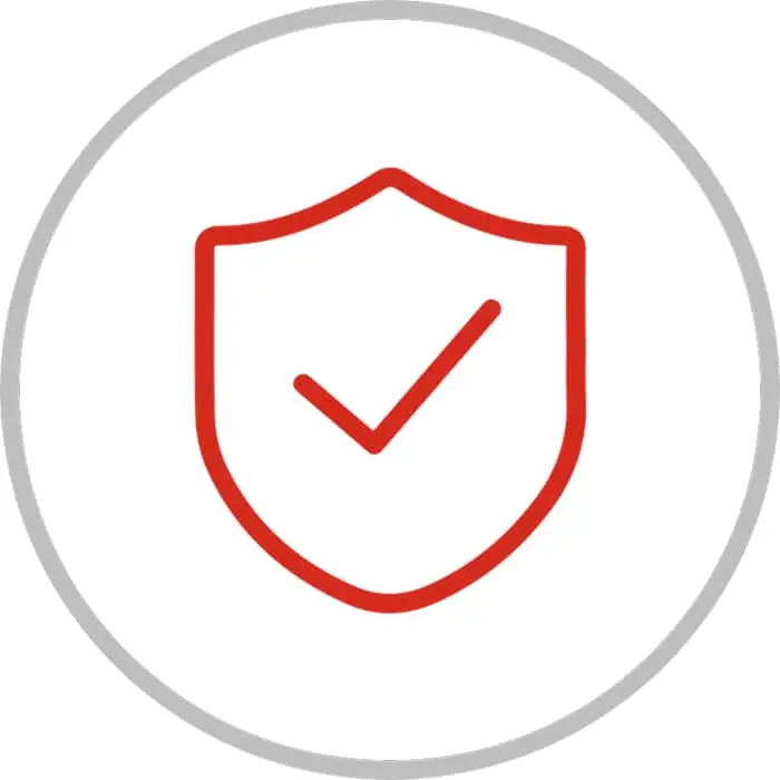 Red shield icon with checkmark inside, surrounded by a gray circular border, representing security or protection.