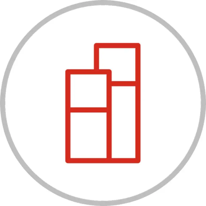 Red outline of building or floor plan icon inside a gray circular border