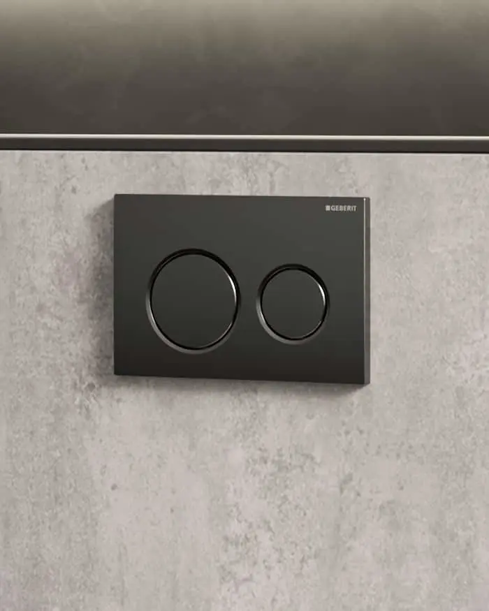 Black Geberit dual-flush toilet button plate with two round buttons, mounted on a light grey concrete wall.