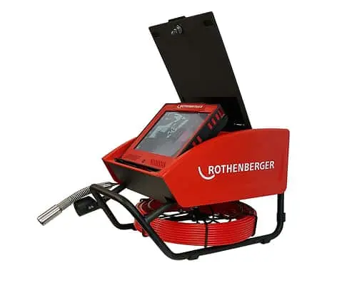 Red Rothenberger pipe inspection camera with open display panel and coiled cable with camera probe attachment.